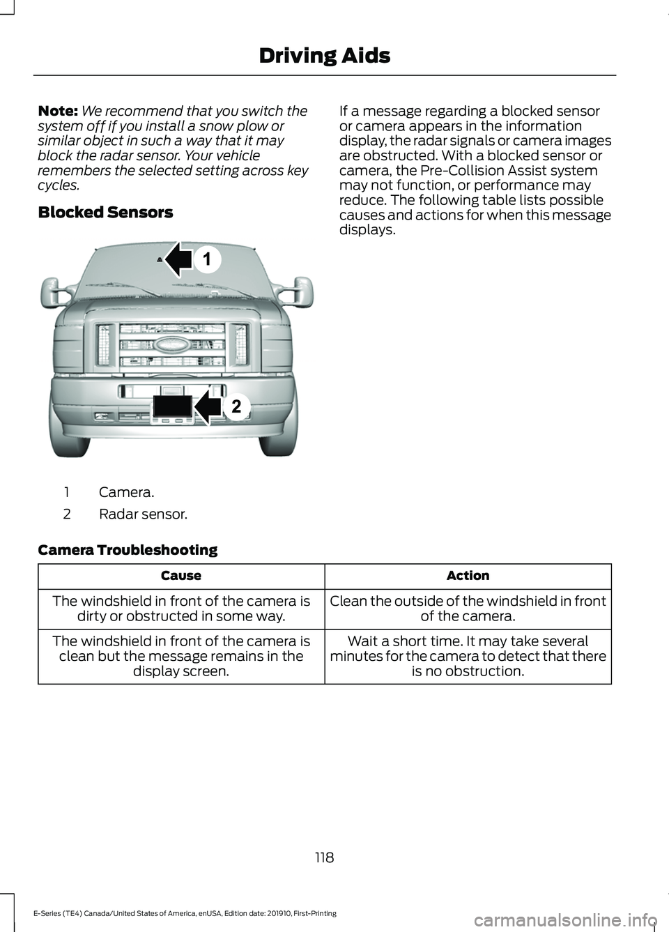 FORD E-450 2021 Owners Manual Note:
We recommend that you switch the
system off if you install a snow plow or
similar object in such a way that it may
block the radar sensor. Your vehicle
remembers the selected setting across key
FORD E-450 2021 Owners Manual Note:
We recommend that you switch the
system off if you install a snow plow or
similar object in such a way that it may
block the radar sensor. Your vehicle
remembers the selected setting across key