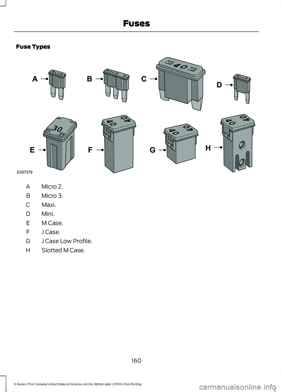 FORD E-450 2021 Owners Manual Fuse Types
Micro 2.
A
Micro 3.
B
Maxi.
C
Mini.
D
M Case.
E
J Case.
F
J Case Low Profile.
G
Slotted M Case.
H
160
E-Series (TE4) Canada/United States of America, enUSA, Edition date: 201910, First-Prin FORD E-450 2021 Owners Manual Fuse Types
Micro 2.
A
Micro 3.
B
Maxi.
C
Mini.
D
M Case.
E
J Case.
F
J Case Low Profile.
G
Slotted M Case.
H
160
E-Series (TE4) Canada/United States of America, enUSA, Edition date: 201910, First-Prin