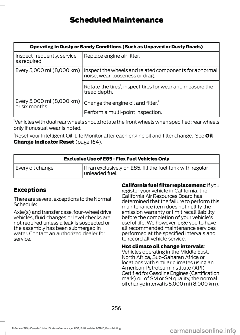 FORD E-450 2021 Owners Manual Operating in Dusty or Sandy Conditions (Such as Unpaved or Dusty Roads)
Replace engine air filter.
Inspect frequently, service
as required
Inspect the wheels and related components for abnormal
noise, FORD E-450 2021 Owners Manual Operating in Dusty or Sandy Conditions (Such as Unpaved or Dusty Roads)
Replace engine air filter.
Inspect frequently, service
as required
Inspect the wheels and related components for abnormal
noise,