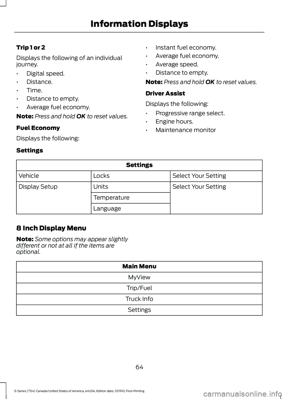 FORD E-450 2021 Repair Manual Trip 1 or 2
Displays the following of an individual
journey.
•
Digital speed.
• Distance.
• Time.
• Distance to empty.
• Average fuel economy.
Note: Press and hold OK to reset values.
Fuel E