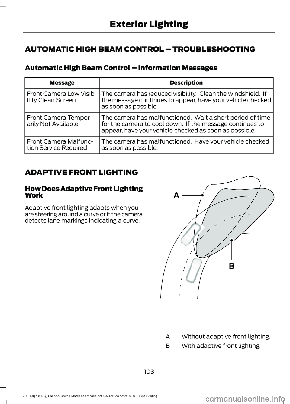FORD EDGE 2021 Owners Manual AUTOMATIC HIGH BEAM CONTROL – TROUBLESHOOTING
Automatic High Beam Control – Information Messages
Description
Message
The camera has reduced visibility. Clean the windshield. If
the message conti FORD EDGE 2021 Owners Manual AUTOMATIC HIGH BEAM CONTROL – TROUBLESHOOTING
Automatic High Beam Control – Information Messages
Description
Message
The camera has reduced visibility. Clean the windshield. If
the message conti