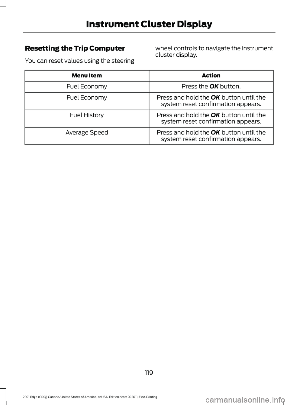 FORD EDGE 2021  Owners Manual Resetting the Trip Computer
You can reset values using the steering
wheel controls to navigate the instrument
cluster display. Action
Menu Item
Press the OK button.
Fuel Economy
Press and hold the 
OK