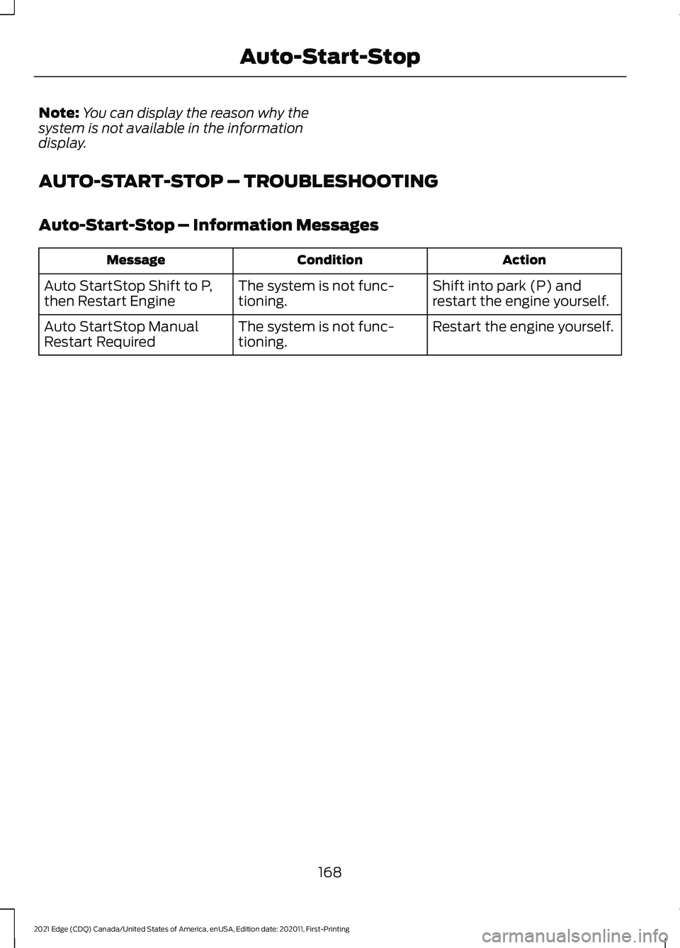 FORD EDGE 2021 Owners Manual Note:
You can display the reason why the
system is not available in the information
display.
AUTO-START-STOP – TROUBLESHOOTING
Auto-Start-Stop – Information Messages Action
Condition
Message
Shift FORD EDGE 2021 Owners Manual Note:
You can display the reason why the
system is not available in the information
display.
AUTO-START-STOP – TROUBLESHOOTING
Auto-Start-Stop – Information Messages Action
Condition
Message
Shift