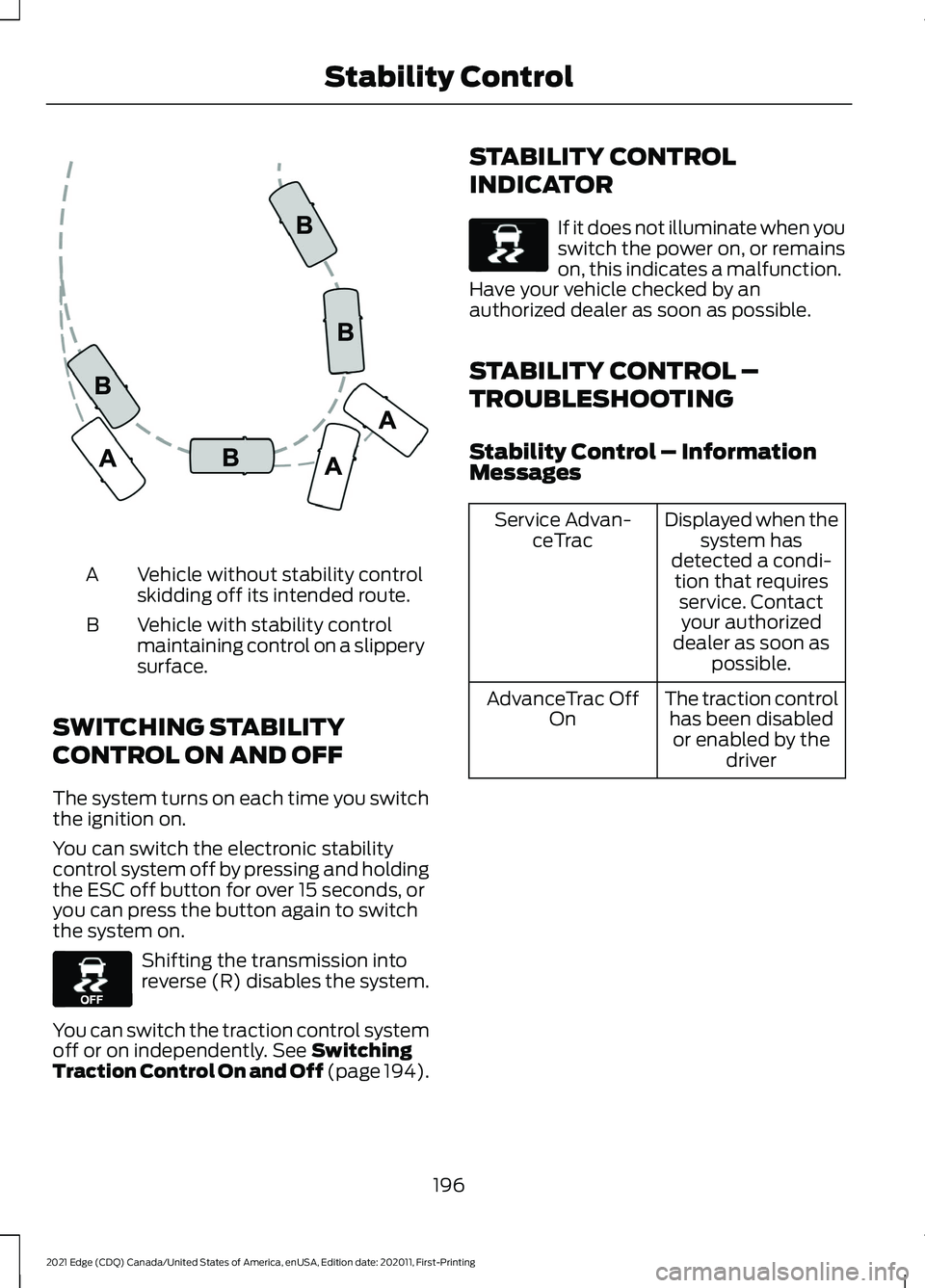 FORD EDGE 2021 Owners Manual Vehicle without stability control
skidding off its intended route.
A
Vehicle with stability control
maintaining control on a slippery
surface.
B
SWITCHING STABILITY
CONTROL ON AND OFF
The system turns FORD EDGE 2021 Owners Manual Vehicle without stability control
skidding off its intended route.
A
Vehicle with stability control
maintaining control on a slippery
surface.
B
SWITCHING STABILITY
CONTROL ON AND OFF
The system turns
