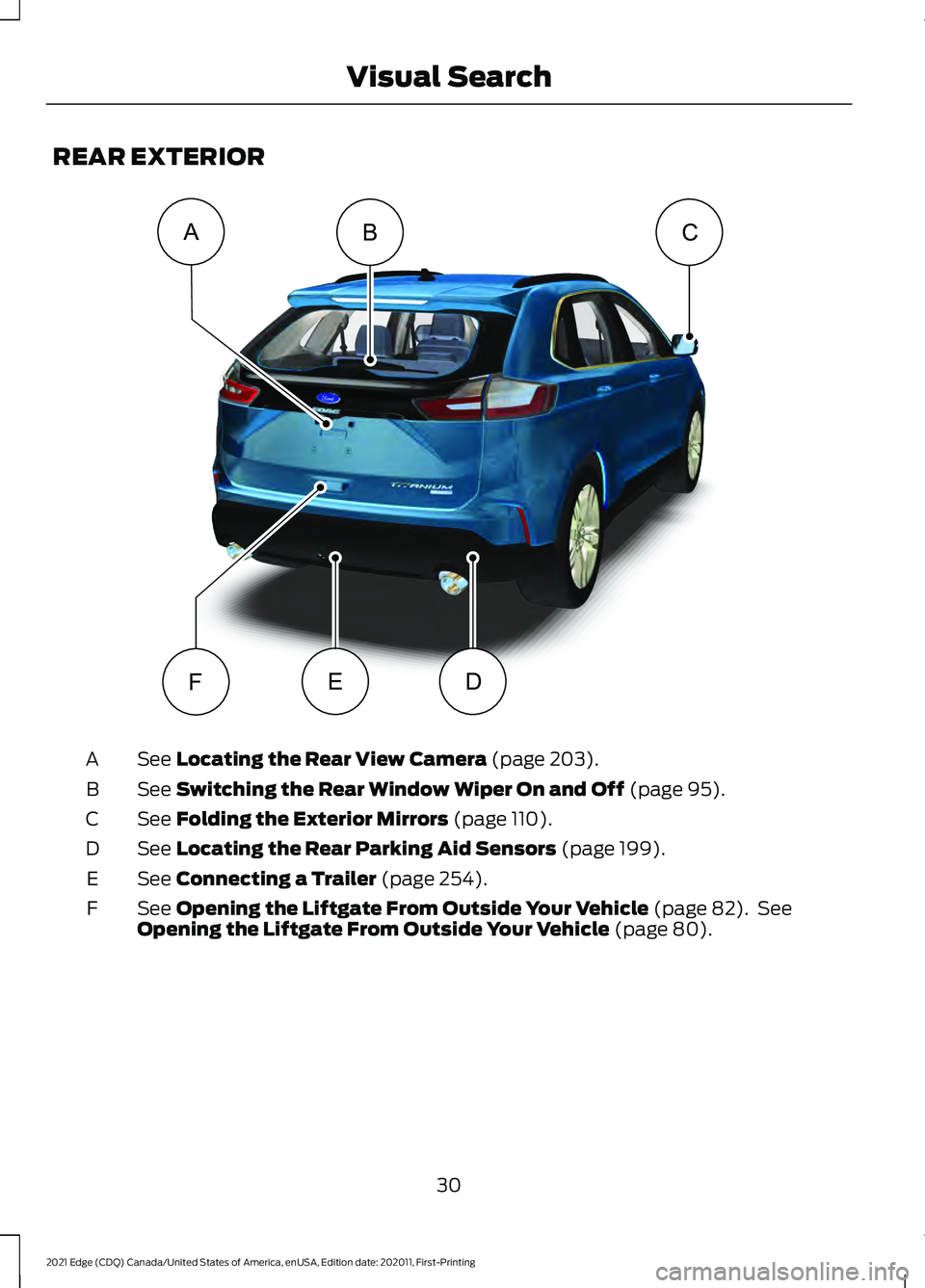 FORD EDGE 2021 Owners Manual REAR EXTERIOR
See Locating the Rear View Camera (page 203).
A
See
Switching the Rear Window Wiper On and Off (page 95).
B
See
Folding the Exterior Mirrors (page 110).
C
See
Locating the Rear Parkin FORD EDGE 2021 Owners Manual REAR EXTERIOR
See Locating the Rear View Camera (page 203).
A
See
Switching the Rear Window Wiper On and Off (page 95).
B
See
Folding the Exterior Mirrors (page 110).
C
See
Locating the Rear Parkin