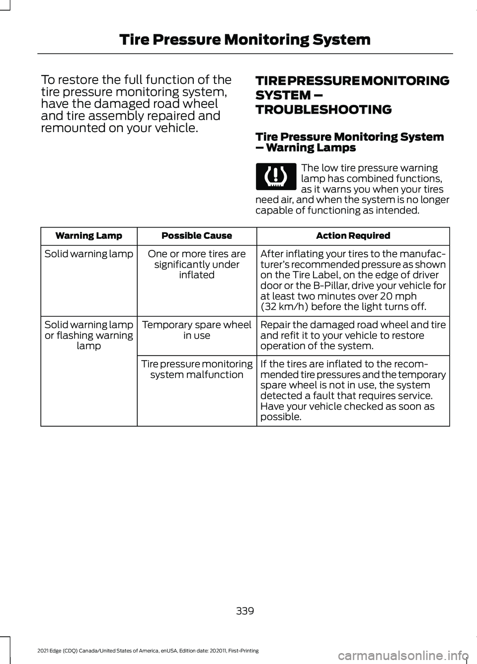 FORD EDGE 2021 Manual PDF To restore the full function of the
tire pressure monitoring system,
have the damaged road wheel
and tire assembly repaired and
remounted on your vehicle.
TIRE PRESSURE MONITORING
SYSTEM –
TROUBLESH FORD EDGE 2021 Manual PDF To restore the full function of the
tire pressure monitoring system,
have the damaged road wheel
and tire assembly repaired and
remounted on your vehicle.
TIRE PRESSURE MONITORING
SYSTEM –
TROUBLESH