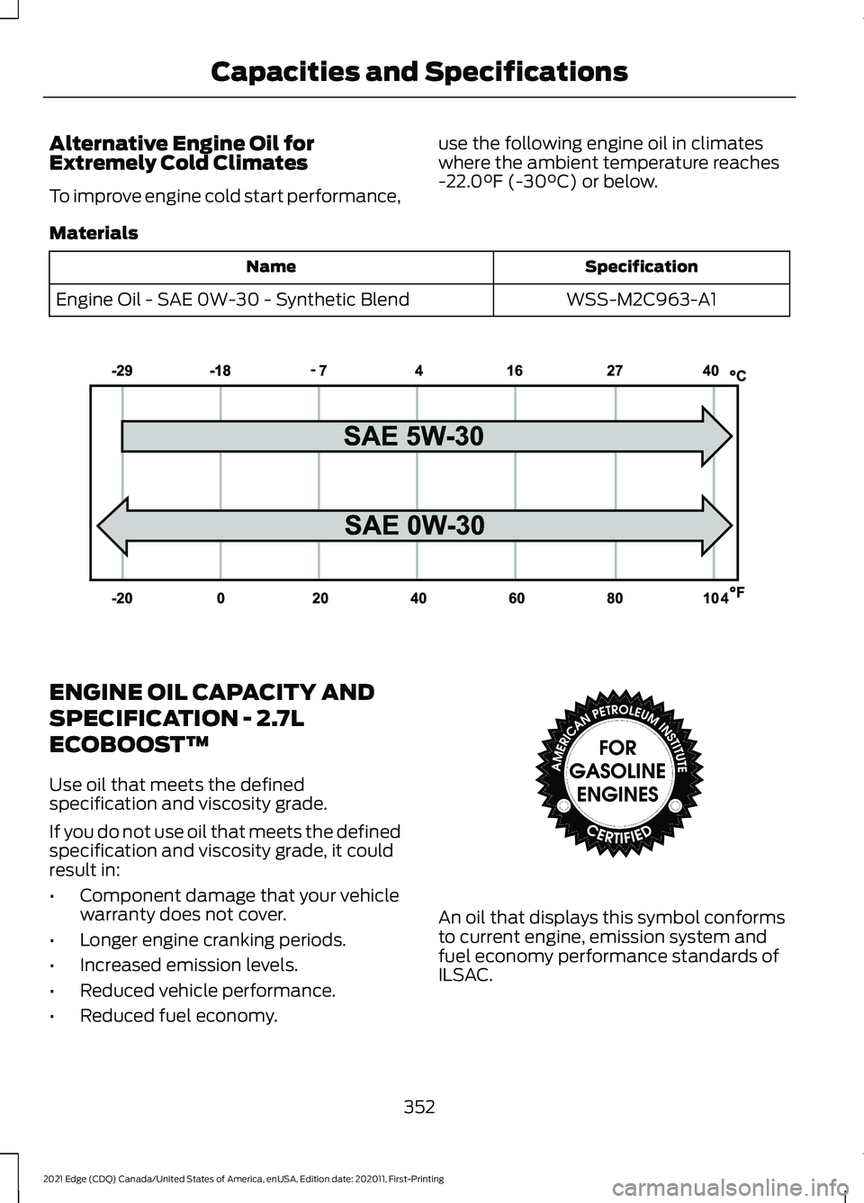 FORD EDGE 2021 Manual PDF Alternative Engine Oil for
Extremely Cold Climates
To improve engine cold start performance,
use the following engine oil in climates
where the ambient temperature reaches
-22.0°F (-30°C) or below.
FORD EDGE 2021 Manual PDF Alternative Engine Oil for
Extremely Cold Climates
To improve engine cold start performance,
use the following engine oil in climates
where the ambient temperature reaches
-22.0°F (-30°C) or below.