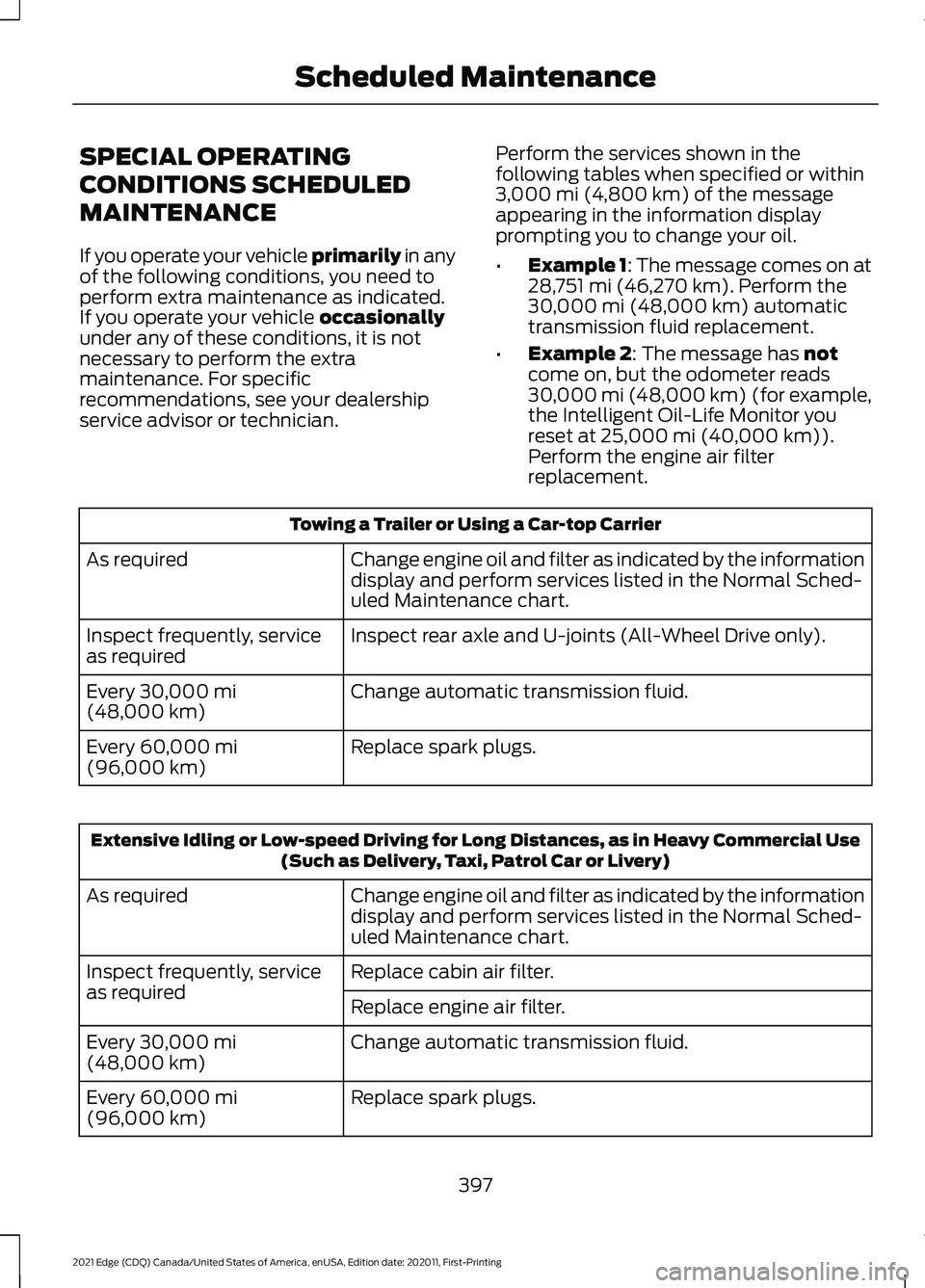 FORD EDGE 2021  Owners Manual SPECIAL OPERATING
CONDITIONS SCHEDULED
MAINTENANCE
If you operate your vehicle primarily in any
of the following conditions, you need to
perform extra maintenance as indicated.
If you operate your veh