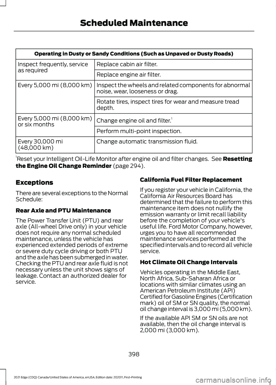 FORD EDGE 2021 Owners Manual Operating in Dusty or Sandy Conditions (Such as Unpaved or Dusty Roads)
Replace cabin air filter.
Inspect frequently, service
as required
Replace engine air filter.
Inspect the wheels and related comp FORD EDGE 2021 Owners Manual Operating in Dusty or Sandy Conditions (Such as Unpaved or Dusty Roads)
Replace cabin air filter.
Inspect frequently, service
as required
Replace engine air filter.
Inspect the wheels and related comp