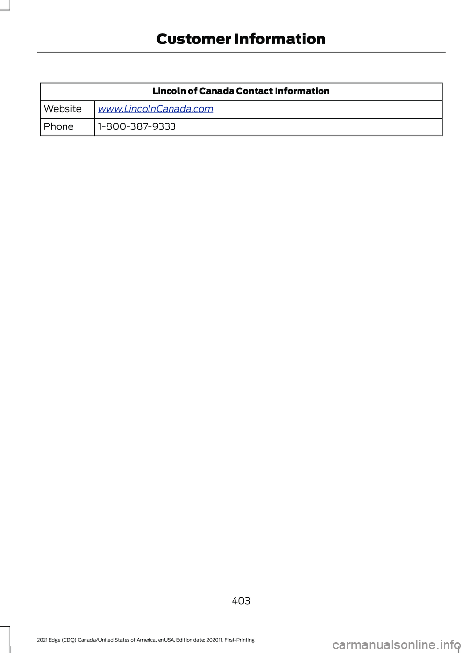 FORD EDGE 2021 Owners Manual Lincoln of Canada Contact Information
www .Linc olnC ana da. c omWebsite
1-800-387-9333
Phone
403
2021 Edge (CDQ) Canada/United States of America, enUSA, Edition date: 202011, First-Printing Customer FORD EDGE 2021 Owners Manual Lincoln of Canada Contact Information
www .Linc olnC ana da. c omWebsite
1-800-387-9333
Phone
403
2021 Edge (CDQ) Canada/United States of America, enUSA, Edition date: 202011, First-Printing Customer