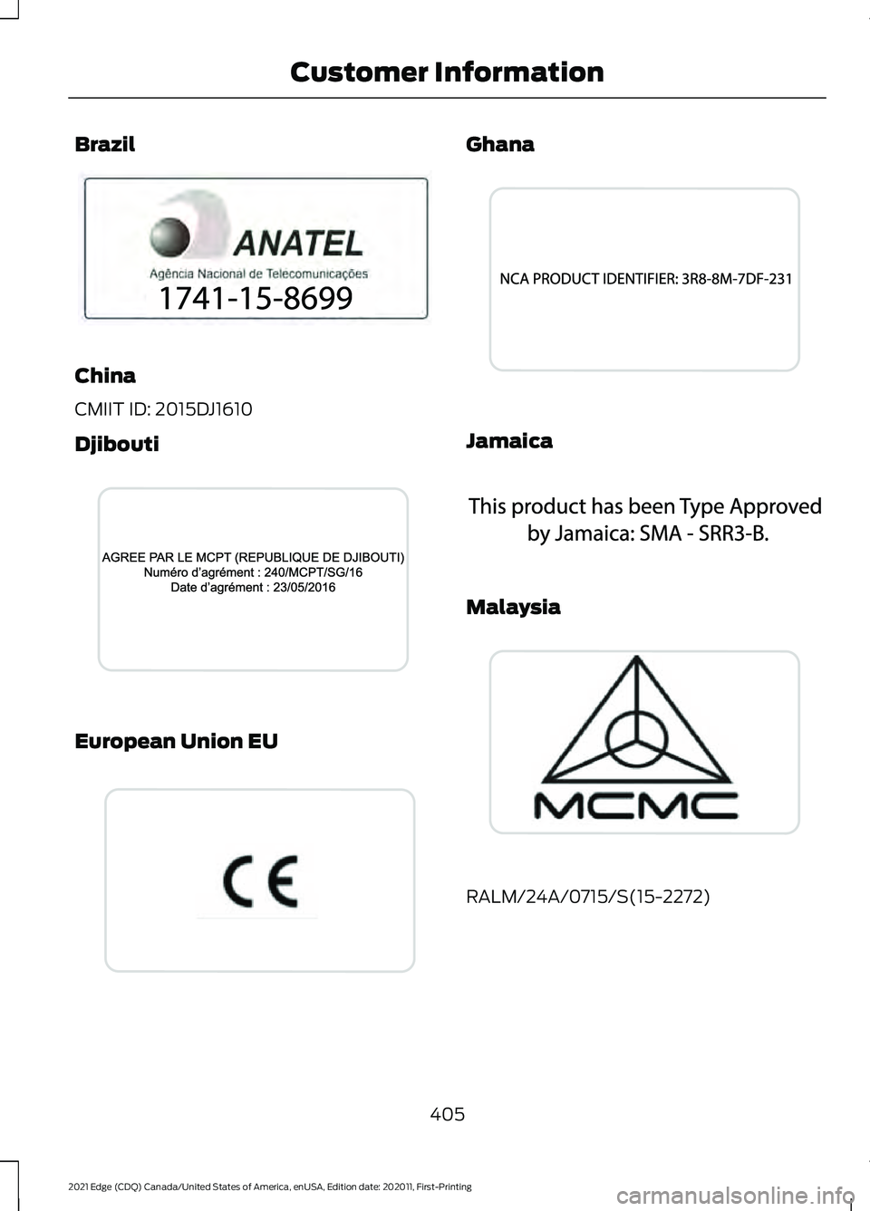 FORD EDGE 2021 Owners Manual Brazil
China
CMIIT ID: 2015DJ1610
Djibouti
European Union EU Ghana
Jamaica
Malaysia
RALM/24A/0715/S(15-2272)
405
2021 Edge (CDQ) Canada/United States of America, enUSA, Edition date: 202011, First-Pri FORD EDGE 2021 Owners Manual Brazil
China
CMIIT ID: 2015DJ1610
Djibouti
European Union EU Ghana
Jamaica
Malaysia
RALM/24A/0715/S(15-2272)
405
2021 Edge (CDQ) Canada/United States of America, enUSA, Edition date: 202011, First-Pri