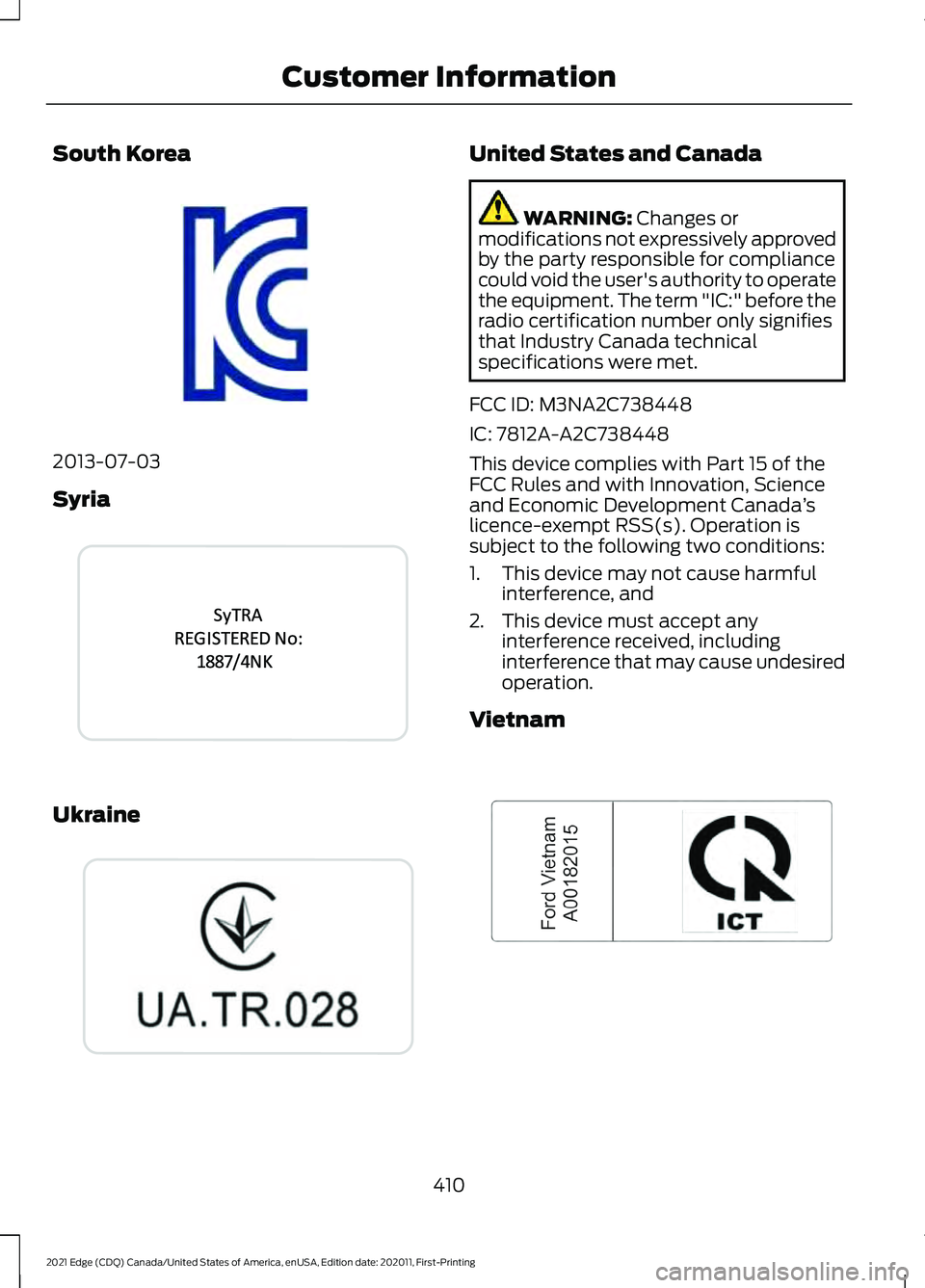 FORD EDGE 2021 Workshop Manual South Korea
2013-07-03
Syria
Ukraine United States and Canada
WARNING: Changes or
modifications not expressively approved
by the party responsible for compliance
could void the user's authority to