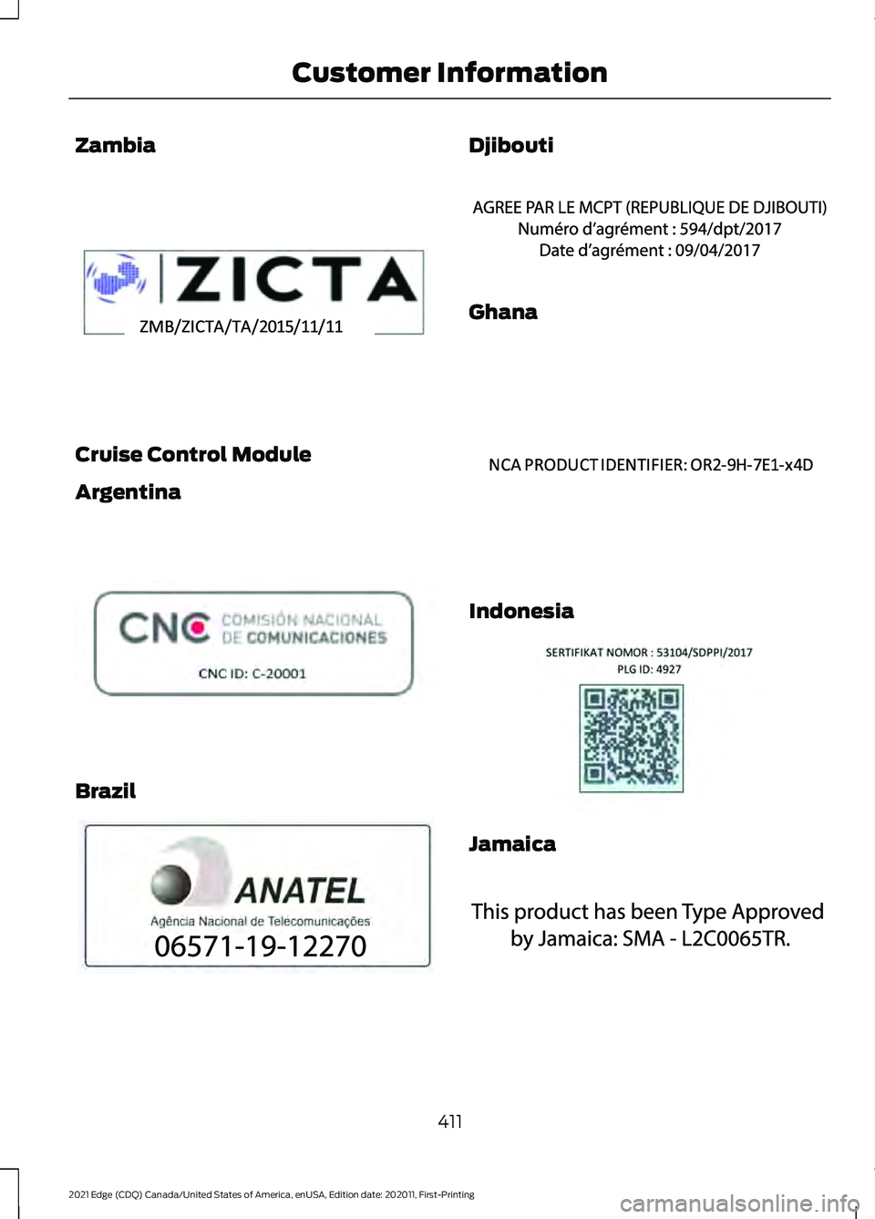 FORD EDGE 2021 Owners Manual Zambia
Cruise Control Module
Argentina
Brazil Djibouti
Ghana
Indonesia
Jamaica
411
2021 Edge (CDQ) Canada/United States of America, enUSA, Edition date: 202011, First-Printing Customer InformationE344 FORD EDGE 2021 Owners Manual Zambia
Cruise Control Module
Argentina
Brazil Djibouti
Ghana
Indonesia
Jamaica
411
2021 Edge (CDQ) Canada/United States of America, enUSA, Edition date: 202011, First-Printing Customer InformationE344