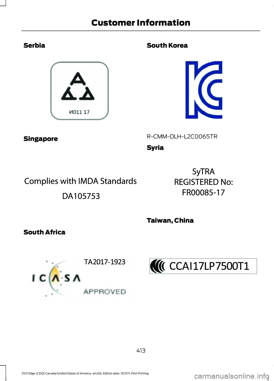 FORD EDGE 2021  Owners Manual Serbia
Singapore
South Africa South Korea
R-CMM-DLH-L2C0065TR
Syria
Taiwan, China
413
2021 Edge (CDQ) Canada/United States of America, enUSA, Edition date: 202011, First-Printing Customer InformationE