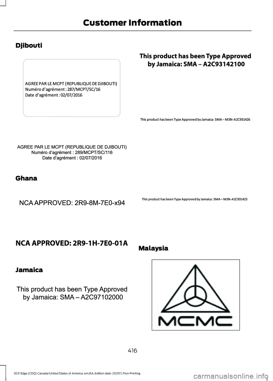 FORD EDGE 2021  Owners Manual Djibouti
Ghana
Jamaica Malaysia
416
2021 Edge (CDQ) Canada/United States of America, enUSA, Edition date: 202011, First-Printing Customer InformationE343017  E340306  E340317  E340307  E340318  E34030
