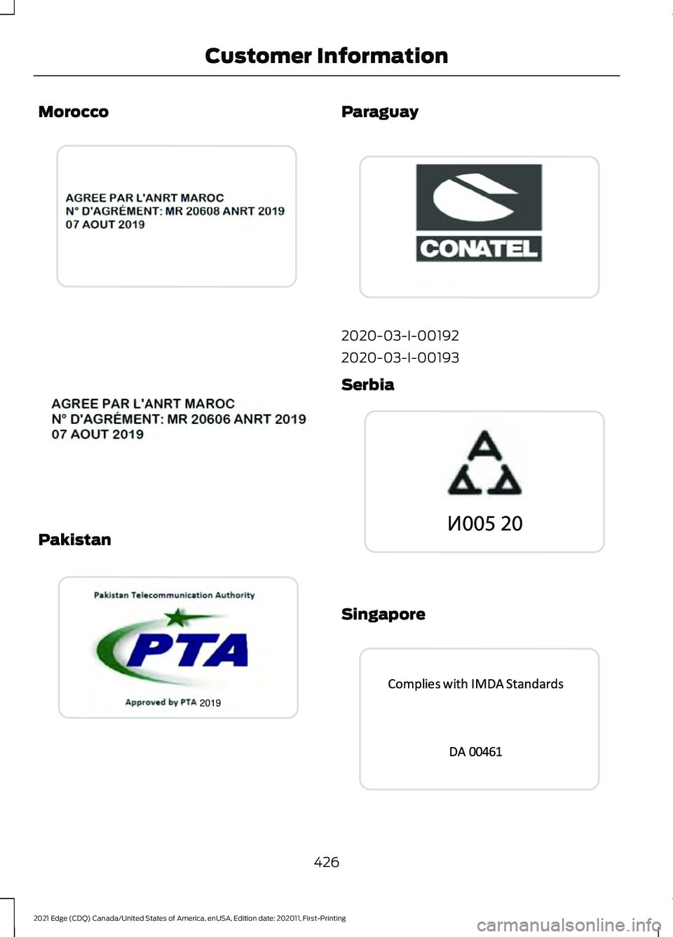 FORD EDGE 2021  Owners Manual Morocco
Pakistan Paraguay
2020-03-I-00192
2020-03-I-00193
Serbia
Singapore
426
2021 Edge (CDQ) Canada/United States of America, enUSA, Edition date: 202011, First-Printing Customer InformationE338085 