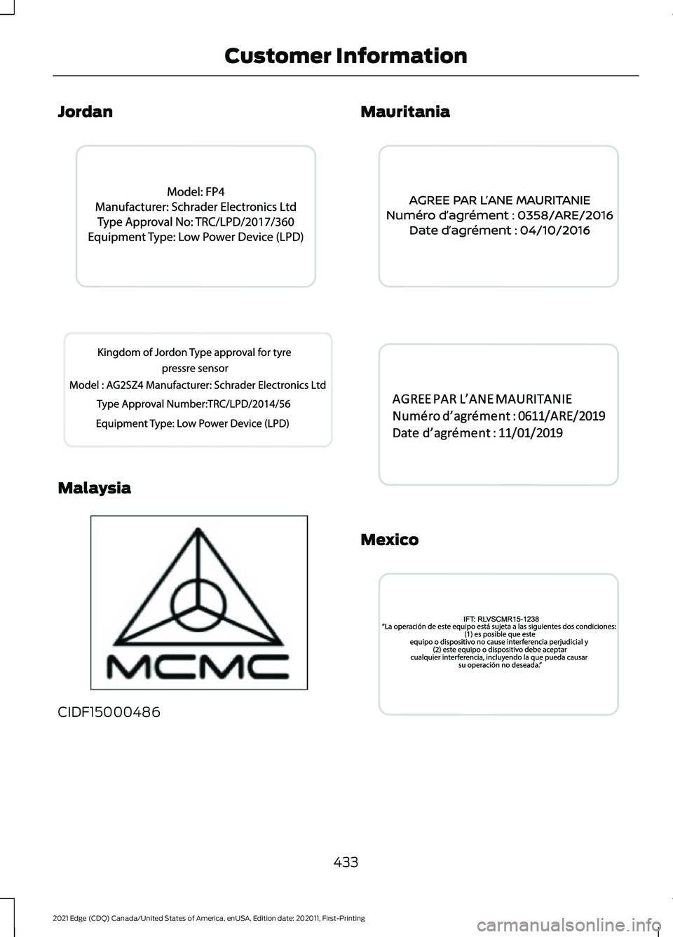 FORD EDGE 2021  Owners Manual Jordan
Malaysia
CIDF15000486 Mauritania
Mexico
433
2021 Edge (CDQ) Canada/United States of America, enUSA, Edition date: 202011, First-Printing Customer InformationE338017  E207819  E339836  E337970  
