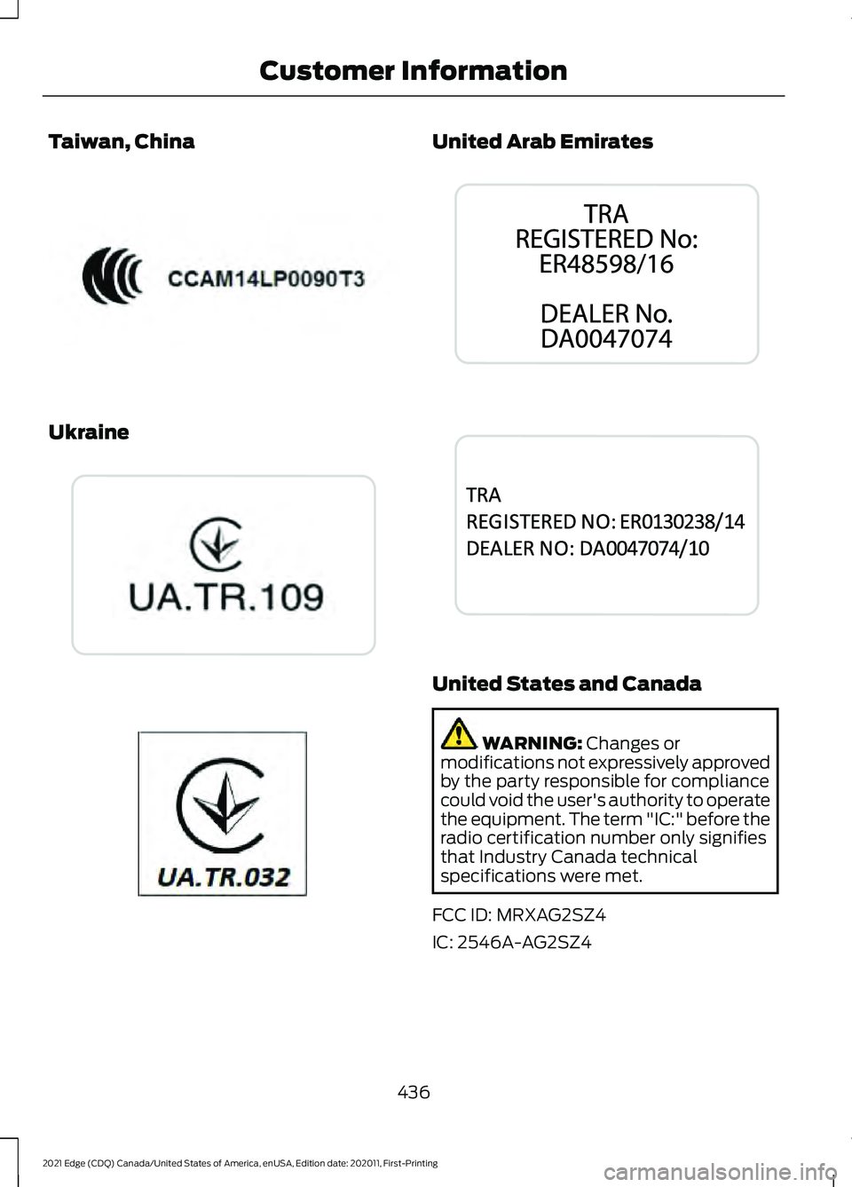 FORD EDGE 2021 Workshop Manual Taiwan, China
Ukraine United Arab Emirates
United States and Canada
WARNING: Changes or
modifications not expressively approved
by the party responsible for compliance
could void the user's author