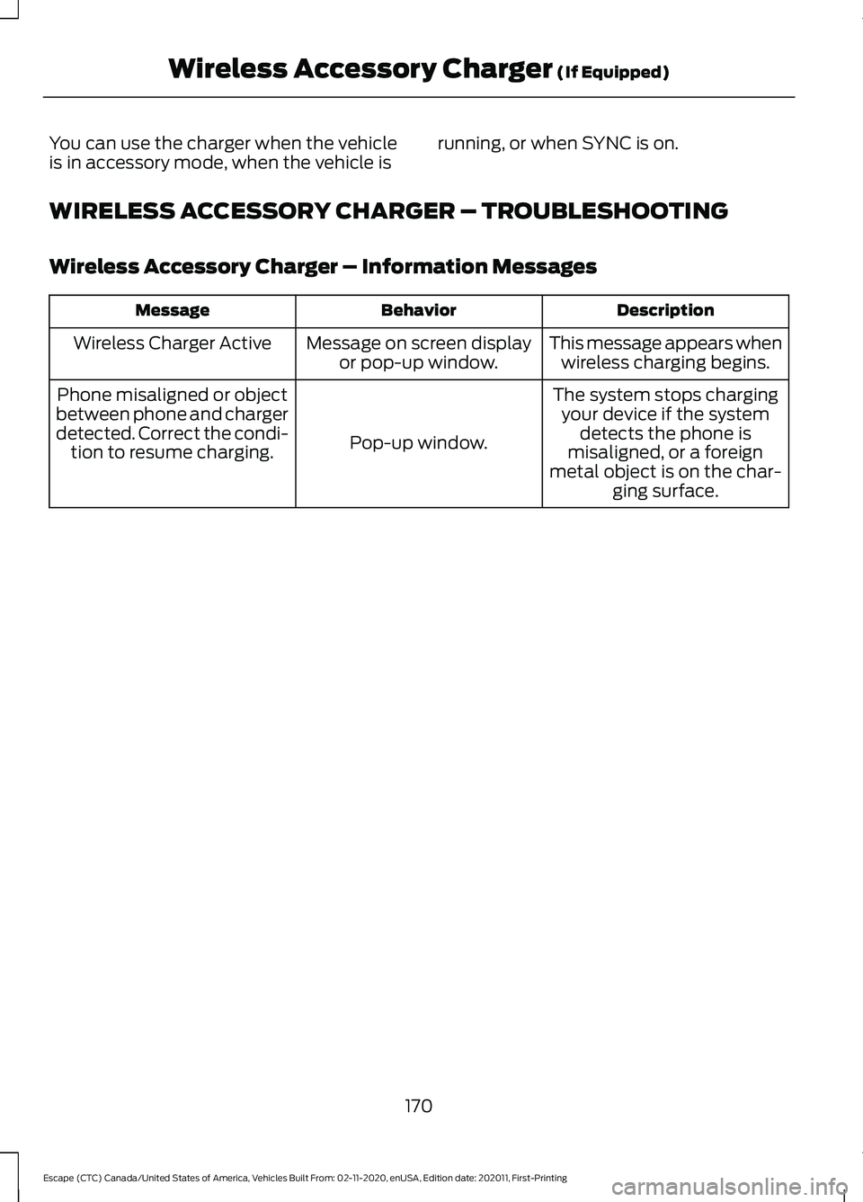 FORD ESCAPE 2021 Owners Manual You can use the charger when the vehicle
is in accessory mode, when the vehicle is
running, or when SYNC is on.
WIRELESS ACCESSORY CHARGER – TROUBLESHOOTING
Wireless Accessory Charger – Informatio FORD ESCAPE 2021 Owners Manual You can use the charger when the vehicle
is in accessory mode, when the vehicle is
running, or when SYNC is on.
WIRELESS ACCESSORY CHARGER – TROUBLESHOOTING
Wireless Accessory Charger – Informatio