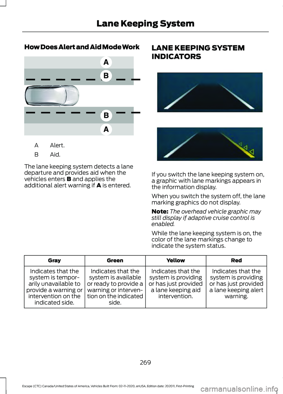 FORD ESCAPE 2021 Owners Manual How Does Alert and Aid Mode Work
Alert.
A
Aid.B
The lane keeping system detects a lane
departure and provides aid when the
vehicles enters B and applies the
additional alert warning if A is entered. L FORD ESCAPE 2021 Owners Manual How Does Alert and Aid Mode Work
Alert.
A
Aid.B
The lane keeping system detects a lane
departure and provides aid when the
vehicles enters B and applies the
additional alert warning if A is entered. L