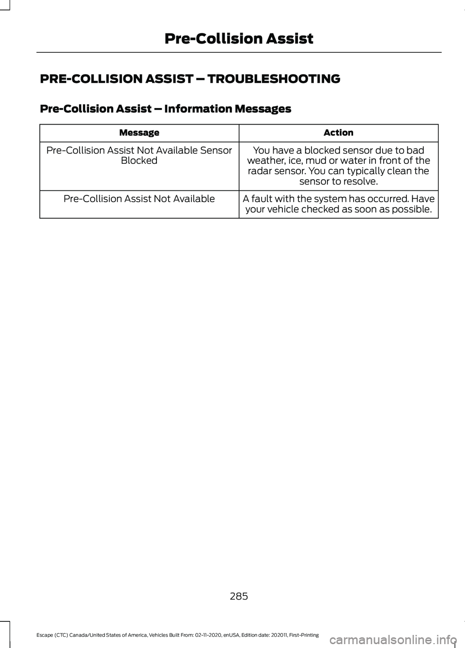 FORD ESCAPE 2021 Service Manual PRE-COLLISION ASSIST – TROUBLESHOOTING
Pre-Collision Assist – Information Messages
Action
Message
You have a blocked sensor due to bad
weather, ice, mud or water in front of the radar sensor. You FORD ESCAPE 2021 Service Manual PRE-COLLISION ASSIST – TROUBLESHOOTING
Pre-Collision Assist – Information Messages
Action
Message
You have a blocked sensor due to bad
weather, ice, mud or water in front of the radar sensor. You