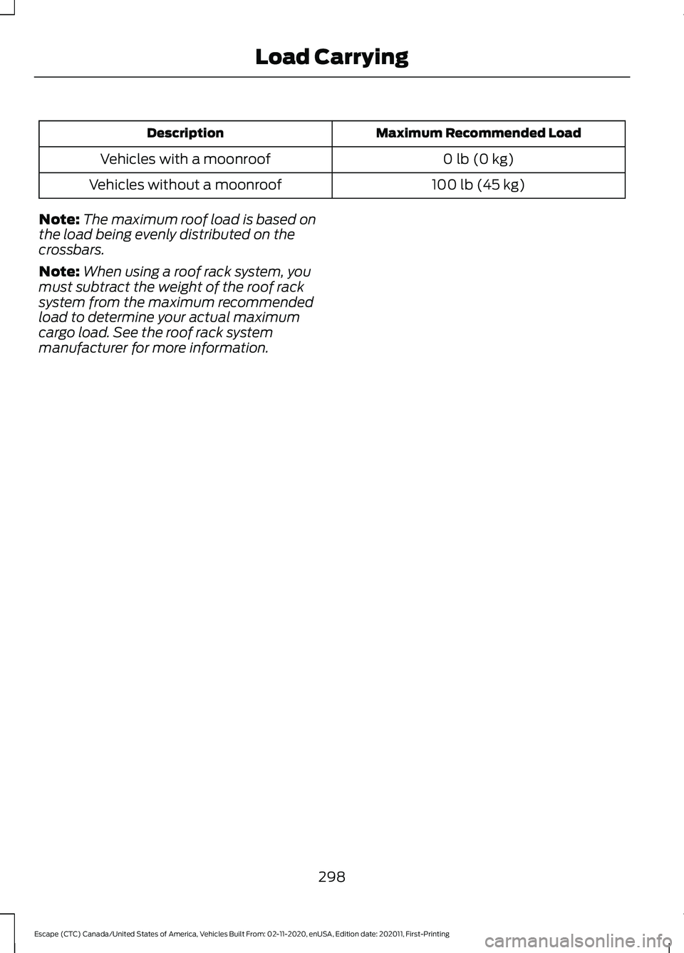 FORD ESCAPE 2021 Owners Manual Maximum Recommended Load
Description
0 lb (0 kg)
Vehicles with a moonroof
100 lb (45 kg)
Vehicles without a moonroof
Note: The maximum roof load is based on
the load being evenly distributed on the
cr FORD ESCAPE 2021 Owners Manual Maximum Recommended Load
Description
0 lb (0 kg)
Vehicles with a moonroof
100 lb (45 kg)
Vehicles without a moonroof
Note: The maximum roof load is based on
the load being evenly distributed on the
cr
