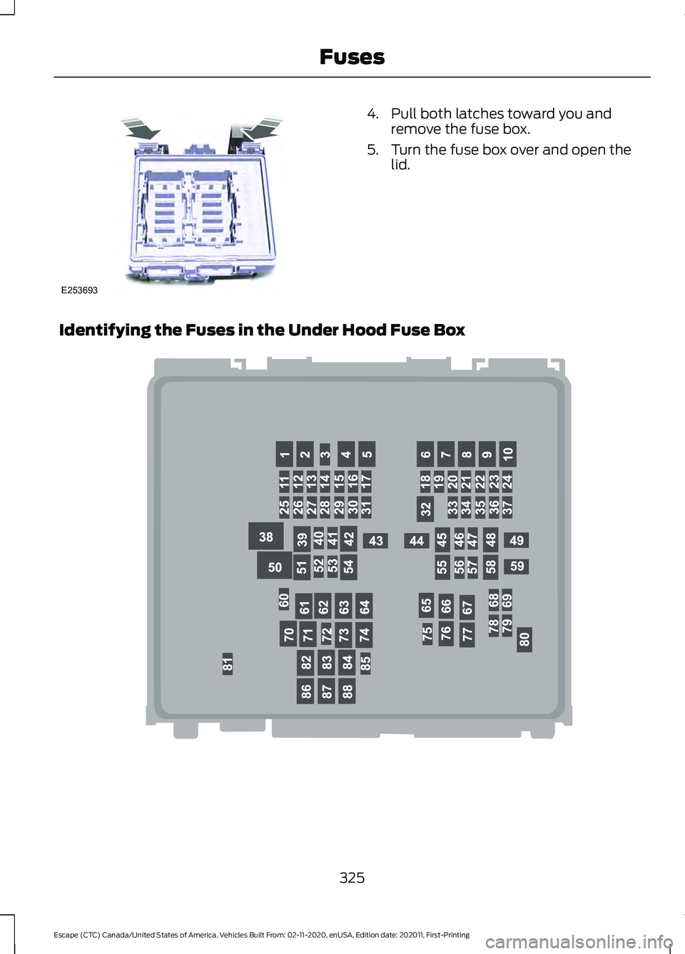 FORD ESCAPE 2021 Owners Manual 4. Pull both latches toward you and
remove the fuse box.
5. Turn the fuse box over and open the lid.
Identifying the Fuses in the Under Hood Fuse Box 325
Escape (CTC) Canada/United States of America, FORD ESCAPE 2021 Owners Manual 4. Pull both latches toward you and
remove the fuse box.
5. Turn the fuse box over and open the lid.
Identifying the Fuses in the Under Hood Fuse Box 325
Escape (CTC) Canada/United States of America,