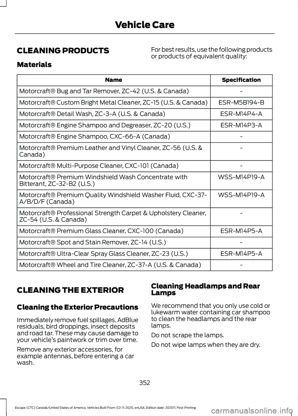 FORD ESCAPE 2021 Owners Manual CLEANING PRODUCTS
Materials
For best results, use the following products
or products of equivalent quality: Specification
Name
-
Motorcraft® Bug and Tar Remover, ZC-42 (U.S. & Canada)
ESR-M5B194-B
Mo FORD ESCAPE 2021 Owners Manual CLEANING PRODUCTS
Materials
For best results, use the following products
or products of equivalent quality: Specification
Name
-
Motorcraft® Bug and Tar Remover, ZC-42 (U.S. & Canada)
ESR-M5B194-B
Mo