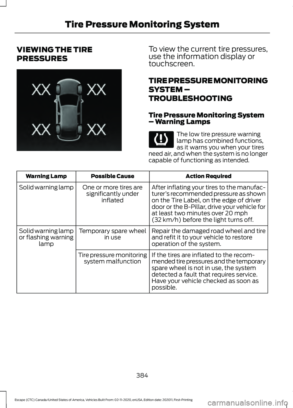 FORD ESCAPE 2021 User Guide VIEWING THE TIRE
PRESSURES To view the current tire pressures,
use the information display or
touchscreen.
TIRE PRESSURE MONITORING
SYSTEM –
TROUBLESHOOTING
Tire Pressure Monitoring System
– Warni