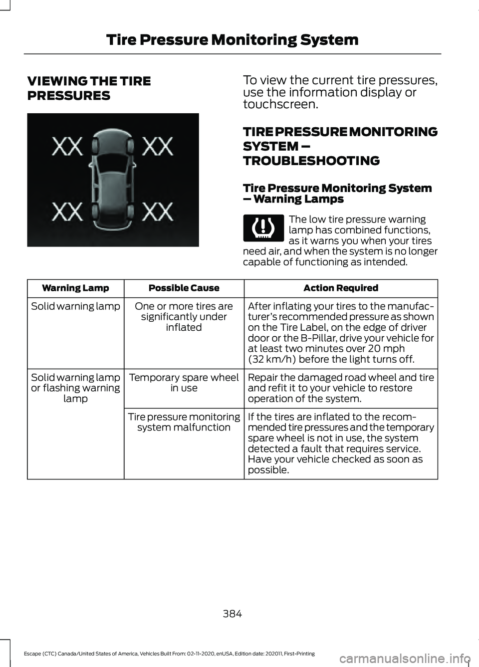 FORD ESCAPE 2021 Owners Manual VIEWING THE TIRE
PRESSURES To view the current tire pressures,
use the information display or
touchscreen.
TIRE PRESSURE MONITORING
SYSTEM –
TROUBLESHOOTING
Tire Pressure Monitoring System
– Warni FORD ESCAPE 2021 Owners Manual VIEWING THE TIRE
PRESSURES To view the current tire pressures,
use the information display or
touchscreen.
TIRE PRESSURE MONITORING
SYSTEM –
TROUBLESHOOTING
Tire Pressure Monitoring System
– Warni