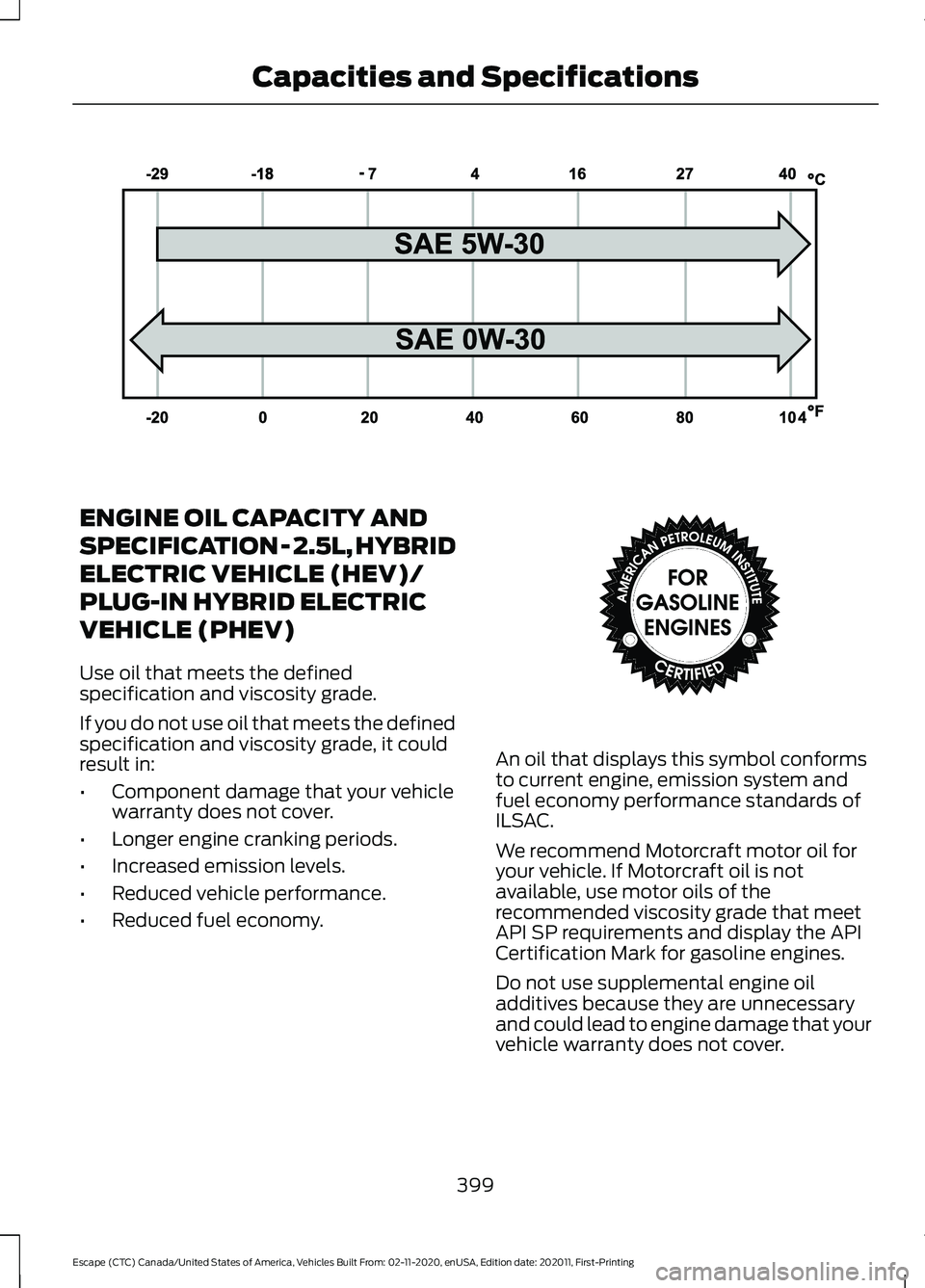 FORD ESCAPE 2021 Owners Manual ENGINE OIL CAPACITY AND
SPECIFICATION - 2.5L, HYBRID
ELECTRIC VEHICLE (HEV)/
PLUG-IN HYBRID ELECTRIC
VEHICLE (PHEV)
Use oil that meets the defined
specification and viscosity grade.
If you do not use FORD ESCAPE 2021 Owners Manual ENGINE OIL CAPACITY AND
SPECIFICATION - 2.5L, HYBRID
ELECTRIC VEHICLE (HEV)/
PLUG-IN HYBRID ELECTRIC
VEHICLE (PHEV)
Use oil that meets the defined
specification and viscosity grade.
If you do not use