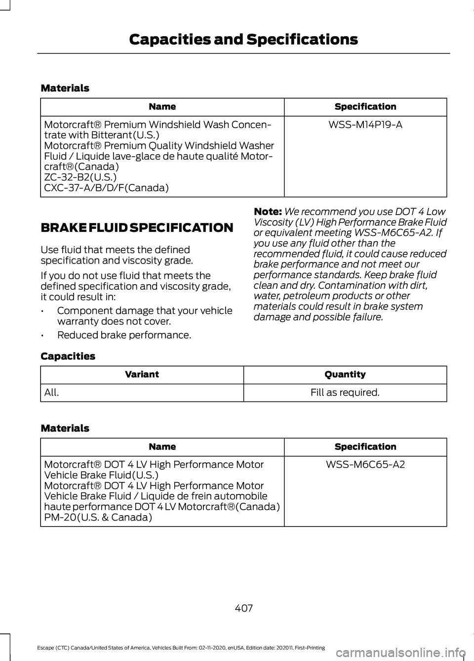 FORD ESCAPE 2021 Owners Manual Materials
Specification
Name
WSS-M14P19-A
Motorcraft® Premium Windshield Wash Concen-
trate with Bitterant(U.S.)
Motorcraft® Premium Quality Windshield Washer
Fluid / Liquide lave-glace de haute qua FORD ESCAPE 2021 Owners Manual Materials
Specification
Name
WSS-M14P19-A
Motorcraft® Premium Windshield Wash Concen-
trate with Bitterant(U.S.)
Motorcraft® Premium Quality Windshield Washer
Fluid / Liquide lave-glace de haute qua