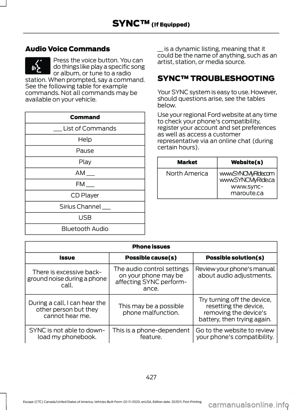FORD ESCAPE 2021 Owners Manual Audio Voice Commands
Press the voice button. You can
do things like play a specific song
or album, or tune to a radio
station. When prompted, say a command.
See the following table for example
command FORD ESCAPE 2021 Owners Manual Audio Voice Commands
Press the voice button. You can
do things like play a specific song
or album, or tune to a radio
station. When prompted, say a command.
See the following table for example
command