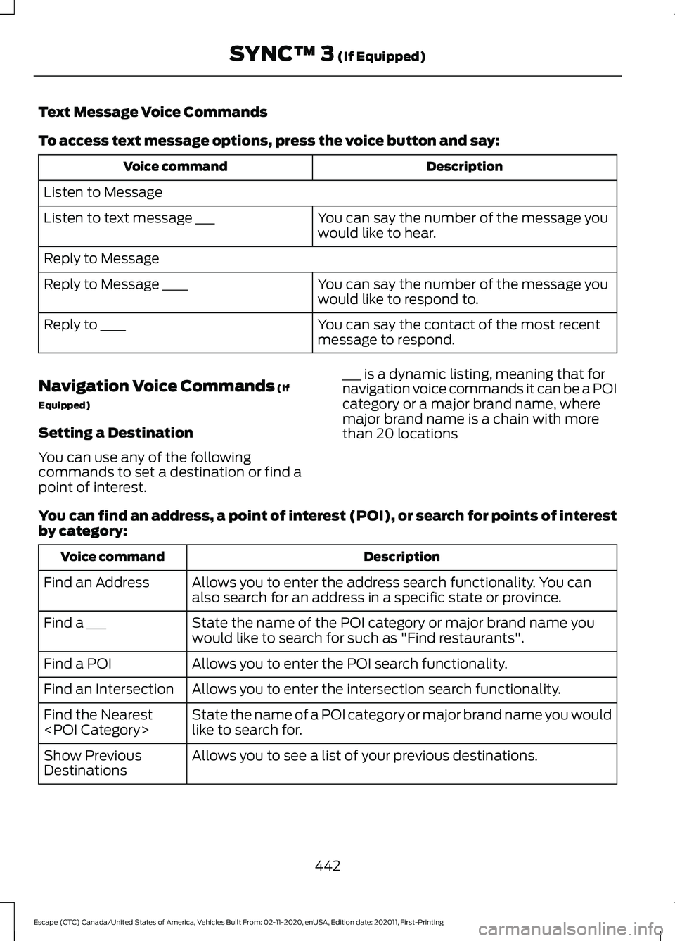 FORD ESCAPE 2021 Owners Manual Text Message Voice Commands
To access text message options, press the voice button and say:
Description
Voice command
Listen to Message You can say the number of the message you
would like to hear.
Li FORD ESCAPE 2021 Owners Manual Text Message Voice Commands
To access text message options, press the voice button and say:
Description
Voice command
Listen to Message You can say the number of the message you
would like to hear.
Li
