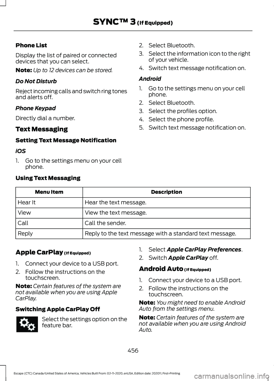FORD ESCAPE 2021 User Guide Phone List
Display the list of paired or connected
devices that you can select.
Note:
Up to 12 devices can be stored.
Do Not Disturb
Reject incoming calls and switch ring tones
and alerts off.
Phone K FORD ESCAPE 2021 User Guide Phone List
Display the list of paired or connected
devices that you can select.
Note:
Up to 12 devices can be stored.
Do Not Disturb
Reject incoming calls and switch ring tones
and alerts off.
Phone K