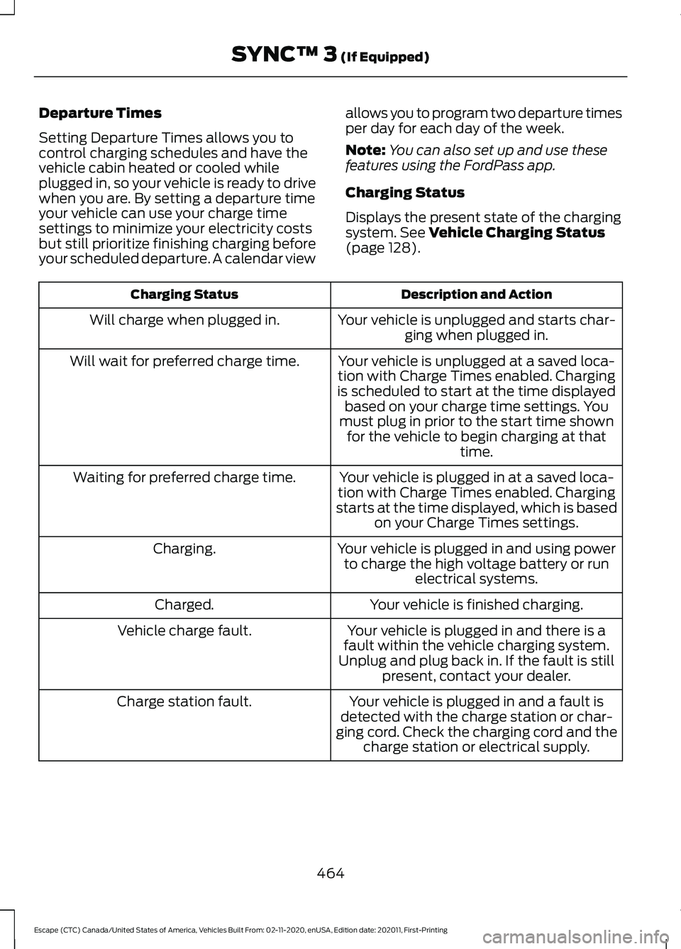 FORD ESCAPE 2021 Owners Manual Departure Times
Setting Departure Times allows you to
control charging schedules and have the
vehicle cabin heated or cooled while
plugged in, so your vehicle is ready to drive
when you are. By settin FORD ESCAPE 2021 Owners Manual Departure Times
Setting Departure Times allows you to
control charging schedules and have the
vehicle cabin heated or cooled while
plugged in, so your vehicle is ready to drive
when you are. By settin