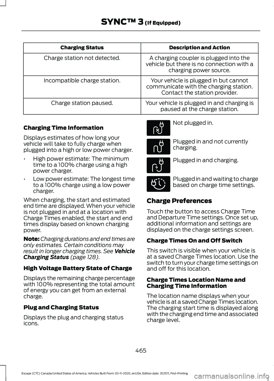 FORD ESCAPE 2021 Owners Manual Description and Action
Charging Status
A charging coupler is plugged into the
vehicle but there is no connection with a charging power source.
Charge station not detected.
Your vehicle is plugged in b FORD ESCAPE 2021 Owners Manual Description and Action
Charging Status
A charging coupler is plugged into the
vehicle but there is no connection with a charging power source.
Charge station not detected.
Your vehicle is plugged in b