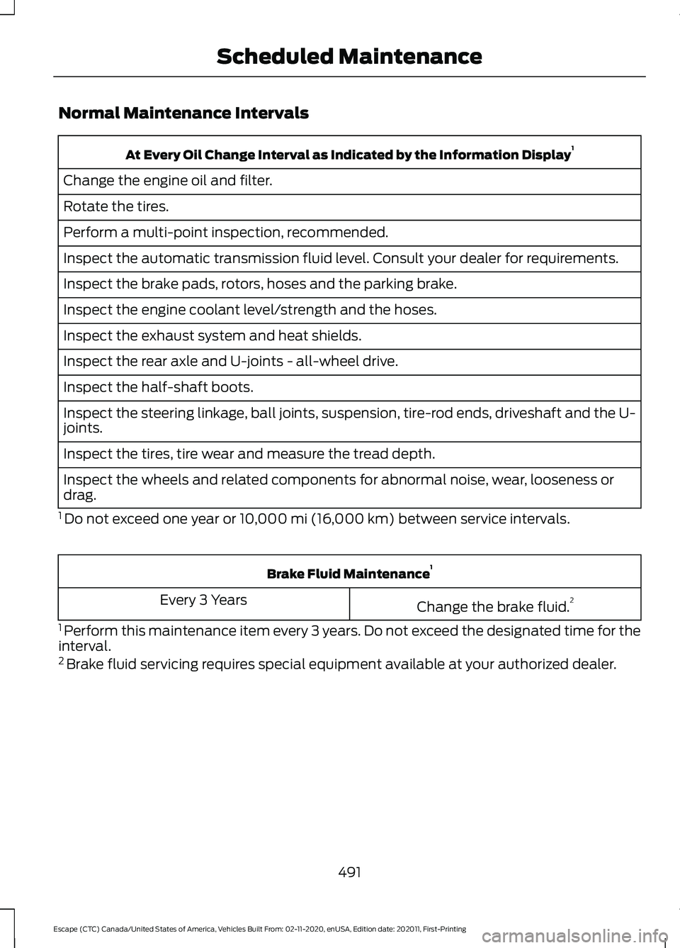 FORD ESCAPE 2021 Owners Manual Normal Maintenance Intervals
At Every Oil Change Interval as Indicated by the Information Display
1
Change the engine oil and filter.
Rotate the tires.
Perform a multi-point inspection, recommended.
I FORD ESCAPE 2021 Owners Manual Normal Maintenance Intervals
At Every Oil Change Interval as Indicated by the Information Display
1
Change the engine oil and filter.
Rotate the tires.
Perform a multi-point inspection, recommended.
I