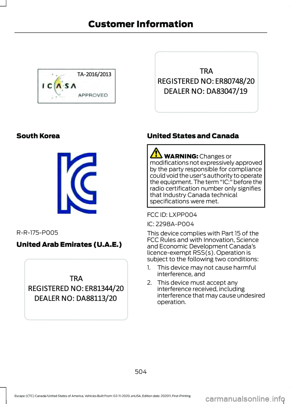 FORD ESCAPE 2021  Owners Manual South Korea
R-R-175-P005
United Arab Emirates (U.A.E.) United States and Canada
WARNING: Changes or
modifications not expressively approved
by the party responsible for compliance
could void the user&