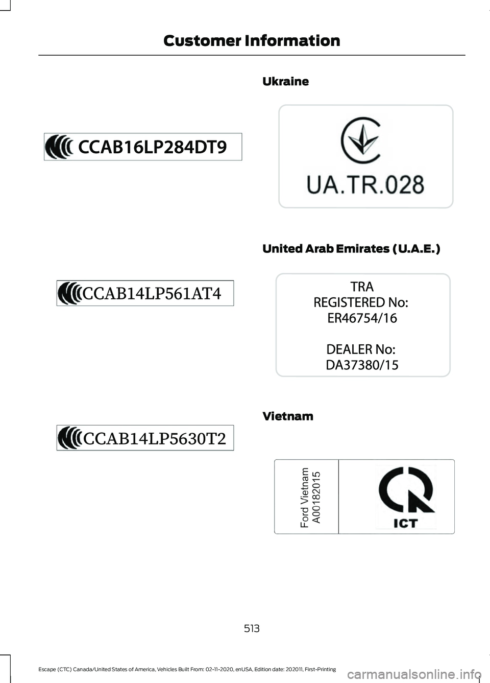 FORD ESCAPE 2021  Owners Manual Ukraine
United Arab Emirates (U.A.E.)
Vietnam
513
Escape (CTC) Canada/United States of America, Vehicles Built From: 02-11-2020, enUSA, Edition date: 202011, First-Printing Customer InformationE340217