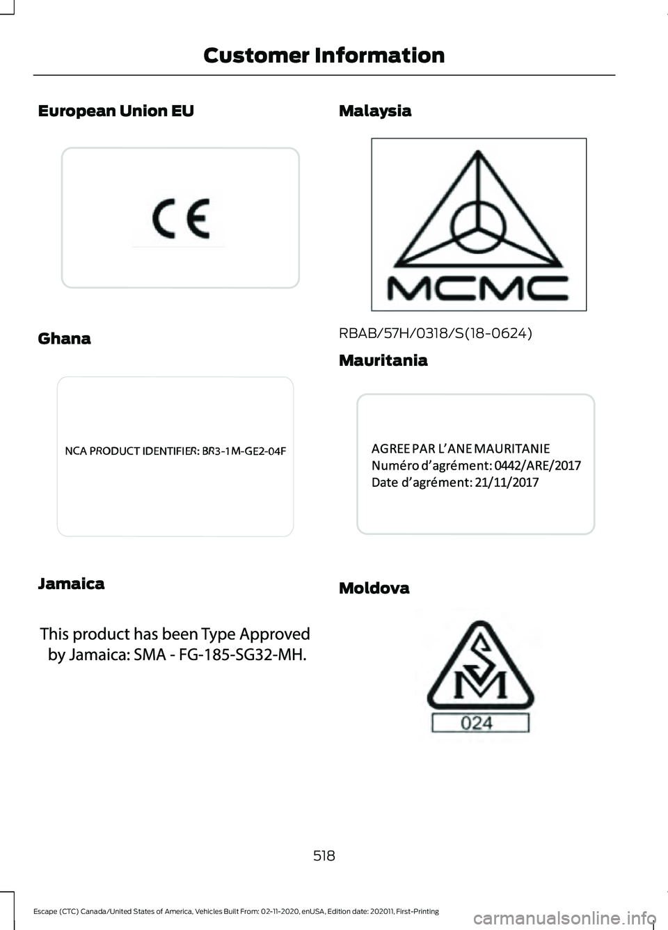 FORD ESCAPE 2021  Owners Manual European Union EU
Ghana
Jamaica Malaysia
RBAB/57H/0318/S(18-0624)
Mauritania
Moldova
518
Escape (CTC) Canada/United States of America, Vehicles Built From: 02-11-2020, enUSA, Edition date: 202011, Fir