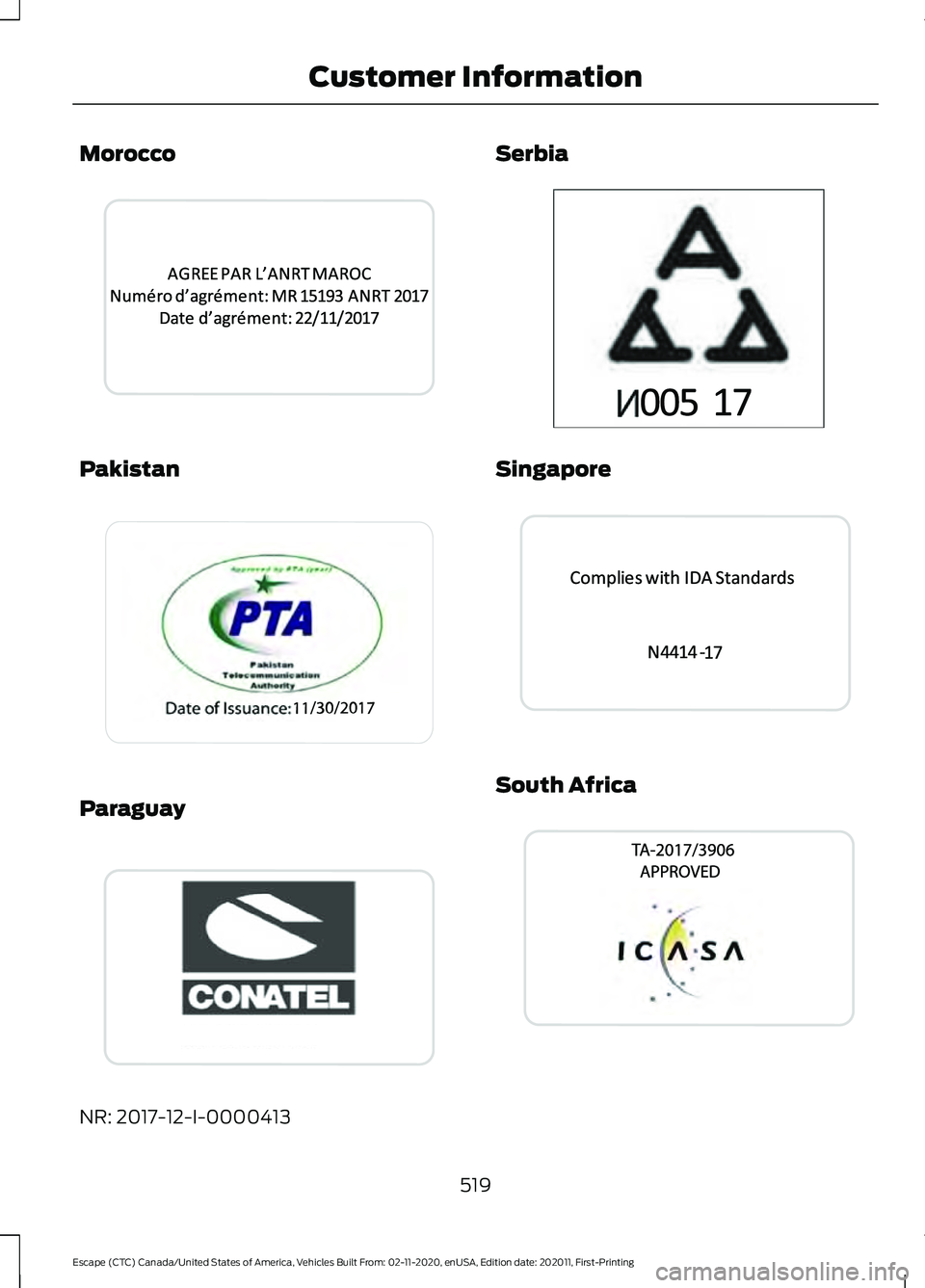 FORD ESCAPE 2021  Owners Manual Morocco
Pakistan
Paraguay
NR: 2017-12-I-0000413 Serbia
Singapore
South Africa
519
Escape (CTC) Canada/United States of America, Vehicles Built From: 02-11-2020, enUSA, Edition date: 202011, First-Prin