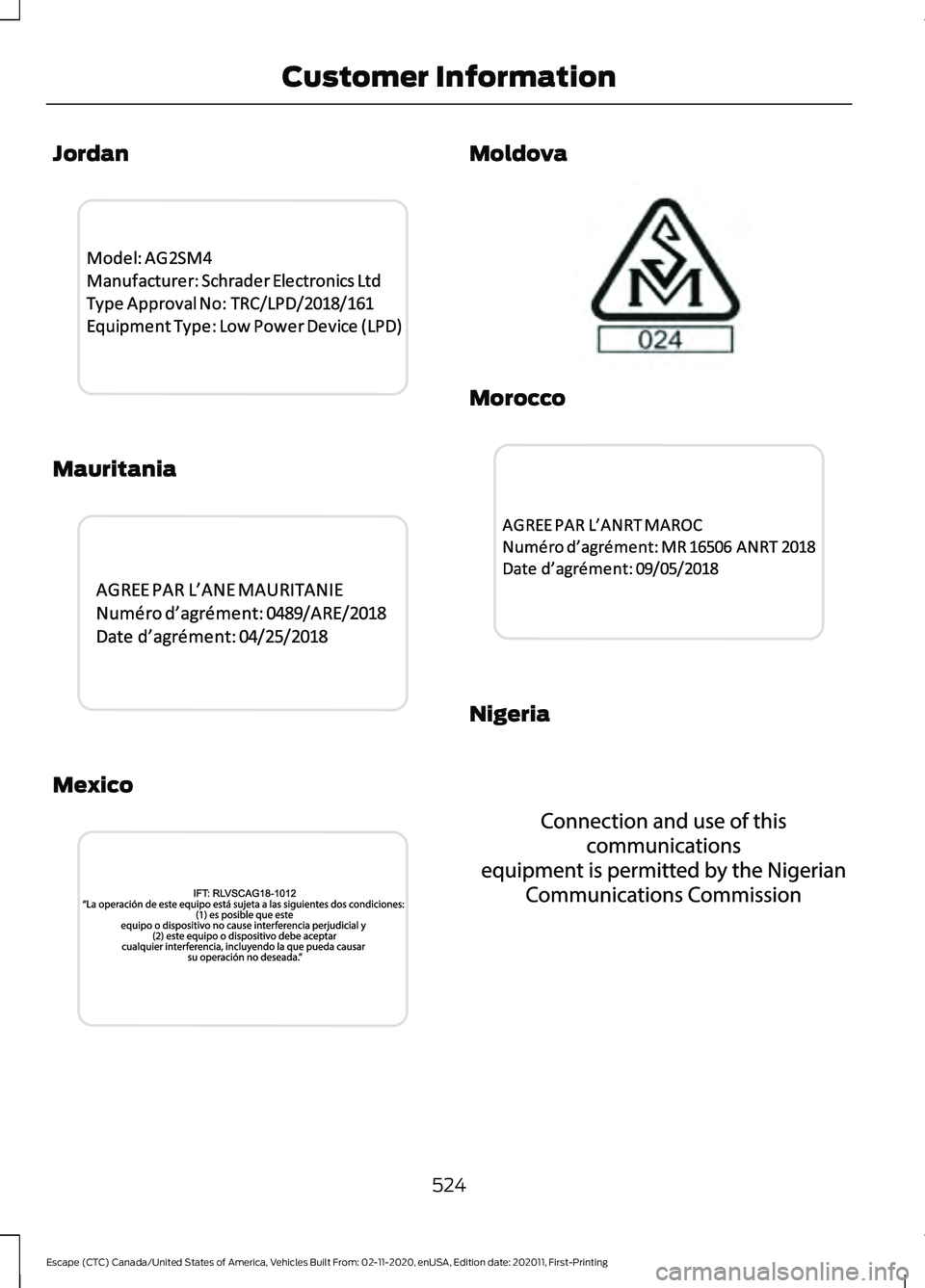 FORD ESCAPE 2021  Owners Manual Jordan
Mauritania
Mexico Moldova
Morocco
Nigeria
524
Escape (CTC) Canada/United States of America, Vehicles Built From: 02-11-2020, enUSA, Edition date: 202011, First-Printing Customer InformationE341