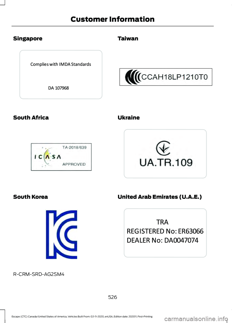 FORD ESCAPE 2021  Owners Manual Singapore
South Africa
South Korea
R-CRM-SRD-AG2SM4 Taiwan
Ukraine
United Arab Emirates (U.A.E.)
526
Escape (CTC) Canada/United States of America, Vehicles Built From: 02-11-2020, enUSA, Edition date: