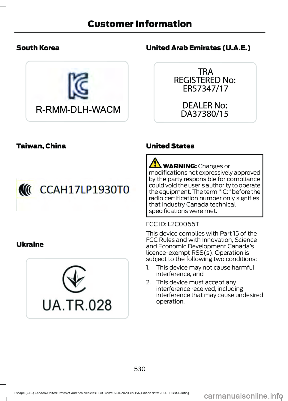 FORD ESCAPE 2021 Owners Manual South Korea
Taiwan, China
Ukraine United Arab Emirates (U.A.E.)
United States
WARNING: Changes or
modifications not expressively approved
by the party responsible for compliance
could void the user FORD ESCAPE 2021 Owners Manual South Korea
Taiwan, China
Ukraine United Arab Emirates (U.A.E.)
United States
WARNING: Changes or
modifications not expressively approved
by the party responsible for compliance
could void the user