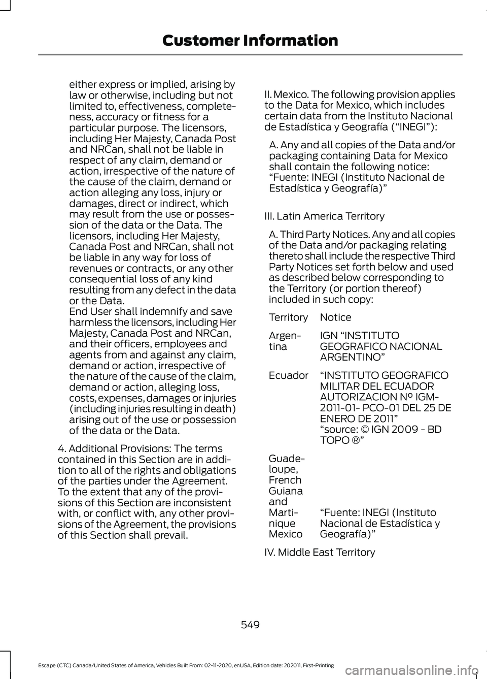 FORD ESCAPE 2021  Owners Manual either express or implied, arising by
law or otherwise, including but not
limited to, effectiveness, complete-
ness, accuracy or fitness for a
particular purpose. The licensors,
including Her Majesty,