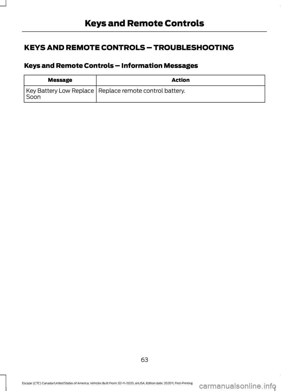 FORD ESCAPE 2021 Repair Manual KEYS AND REMOTE CONTROLS – TROUBLESHOOTING
Keys and Remote Controls – Information Messages
Action
Message
Replace remote control battery.
Key Battery Low Replace
Soon
63
Escape (CTC) Canada/United FORD ESCAPE 2021 Repair Manual KEYS AND REMOTE CONTROLS – TROUBLESHOOTING
Keys and Remote Controls – Information Messages
Action
Message
Replace remote control battery.
Key Battery Low Replace
Soon
63
Escape (CTC) Canada/United