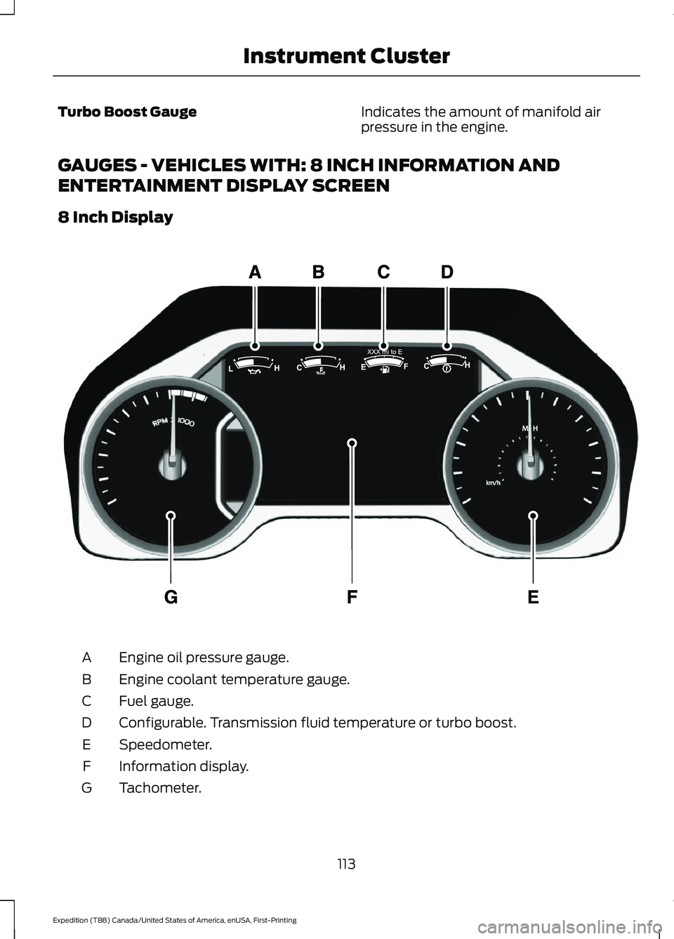 FORD EXPEDITION 2021  Owners Manual Turbo Boost Gauge
Indicates the amount of manifold air
pressure in the engine.
GAUGES - VEHICLES WITH: 8 INCH INFORMATION AND
ENTERTAINMENT DISPLAY SCREEN
8 Inch Display Engine oil pressure gauge.
A
E