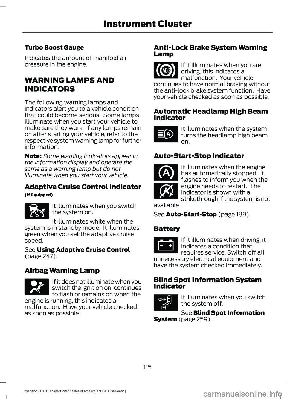 FORD EXPEDITION 2021 User Guide Turbo Boost Gauge
Indicates the amount of manifold air
pressure in the engine.
WARNING LAMPS AND
INDICATORS
The following warning lamps and
indicators alert you to a vehicle condition
that could becom