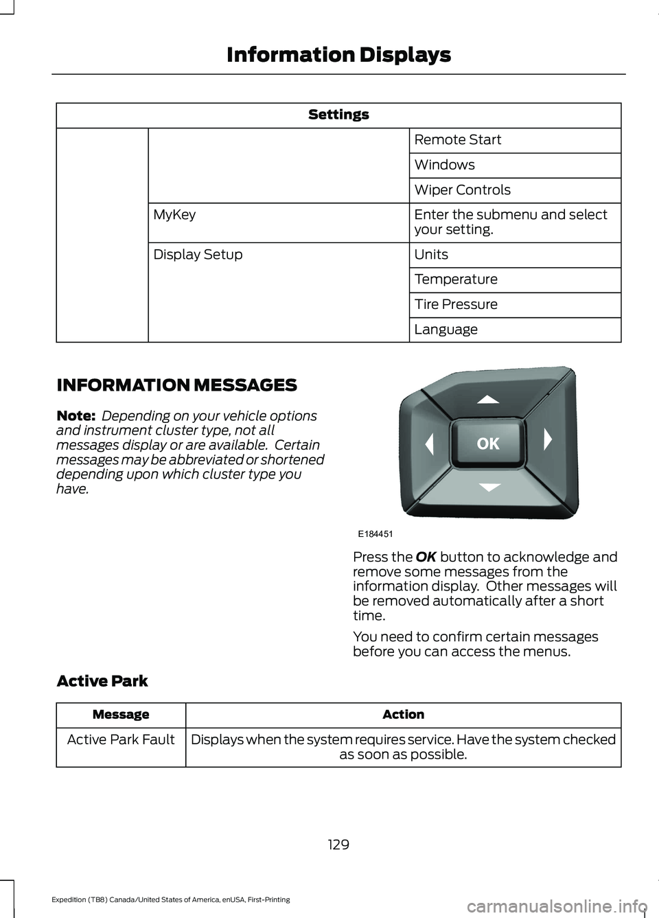 FORD EXPEDITION 2021 Owners Guide Settings
Remote Start
Windows
Wiper Controls
Enter the submenu and select
your setting.
MyKey
Units
Display Setup
Temperature
Tire Pressure
Language
INFORMATION MESSAGES
Note:  Depending on your vehic
